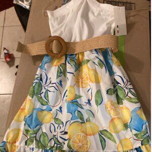 Girl's halter neck white and lemon print dress